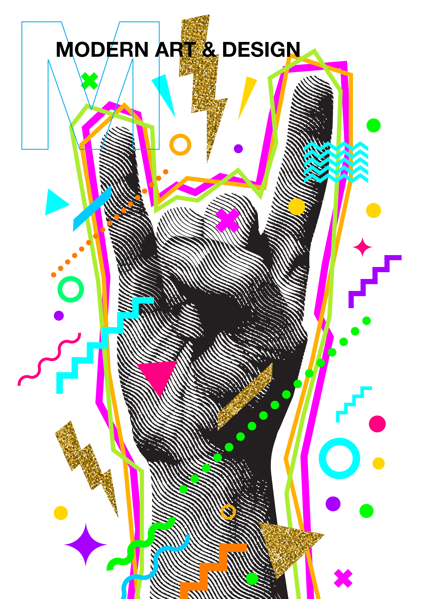 A black and white line art illustration of a hand with colorful shapes overlay.
